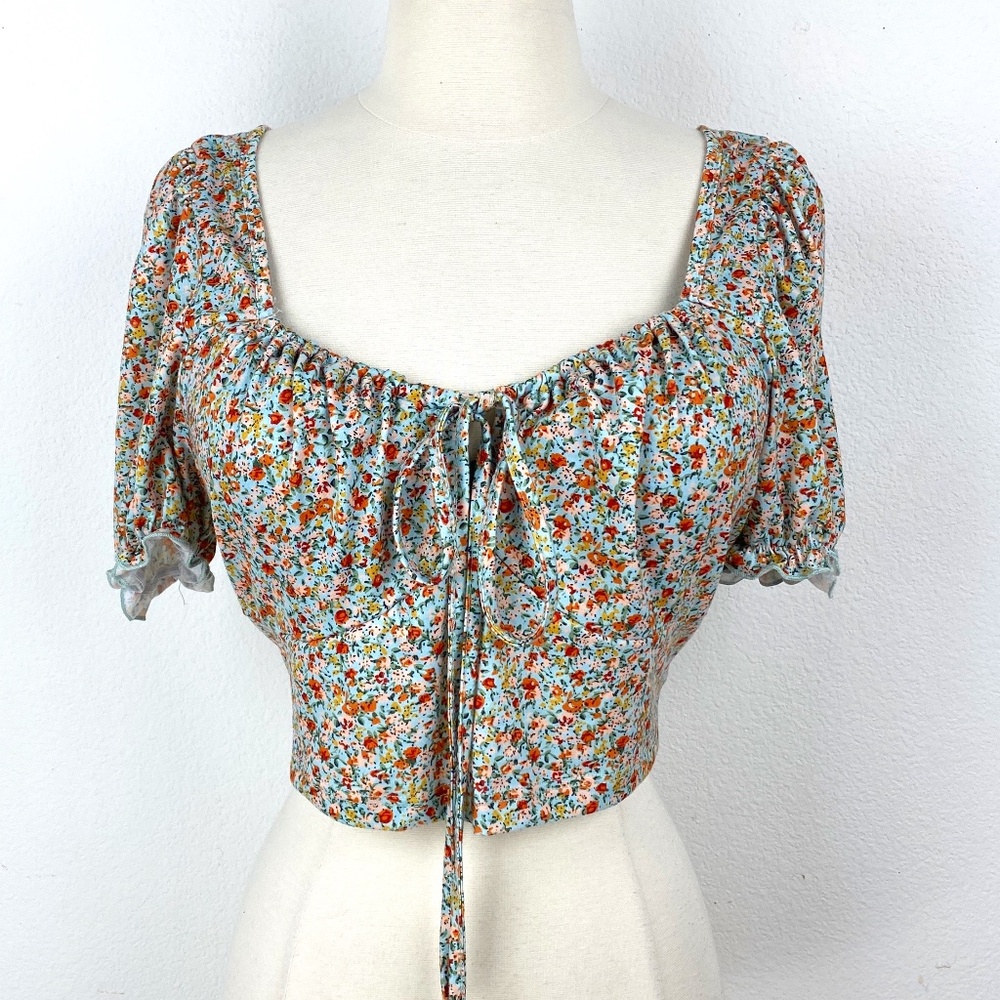 Shein Curve Floral Cropped Top 2XL Puff Sleeve Boho Peasant Country Farm Style